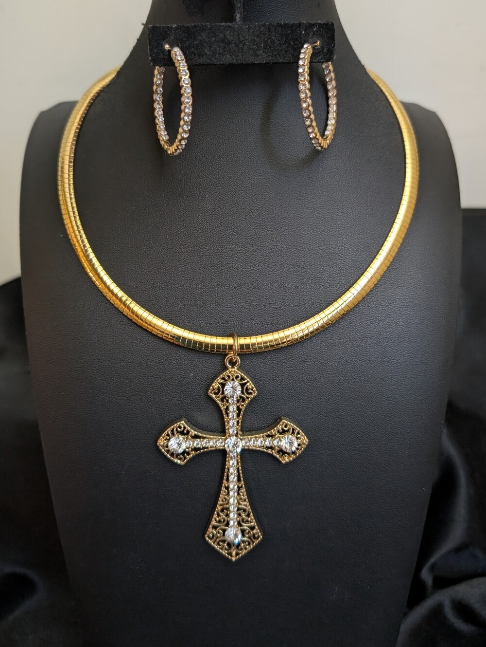 Vintage Filegree Gold Cross w Crystals  on Omega Necklace & Crystal Hoops